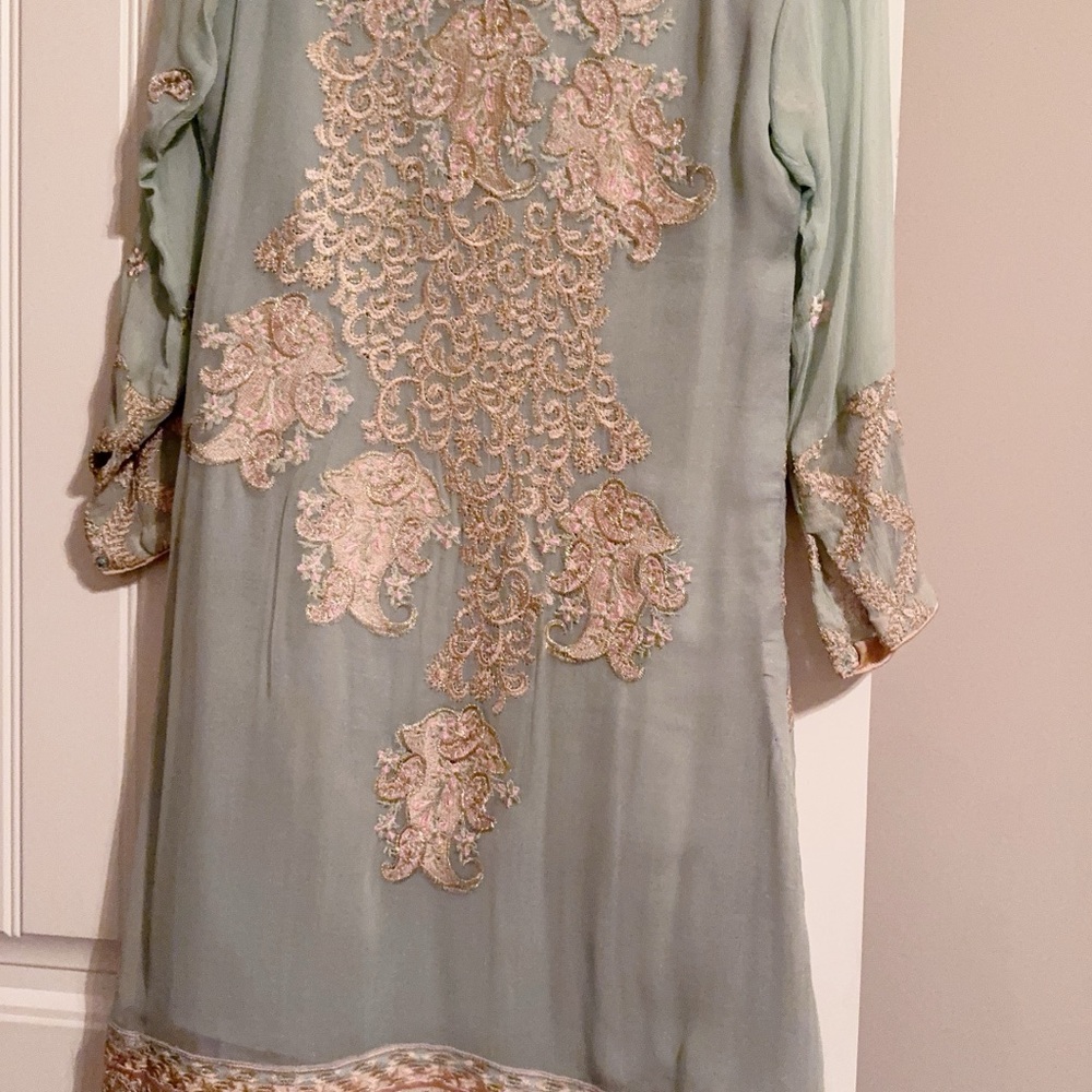 Elegant Embroidered Dress in Mint and beige
